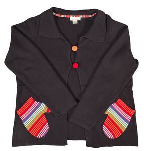 Christopher & Banks Women's Black Cotton Cardigan Sweater L Striped Long Sleeve